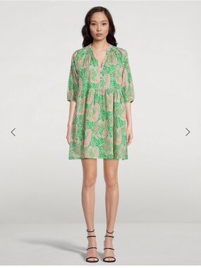 ba&sh Green Paisley Tiered Mini Dress with Pink Motifs